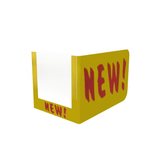 SHELF TALKER “NEW!” YELLOW/RED TEXT 115×60 WITH WINDOW